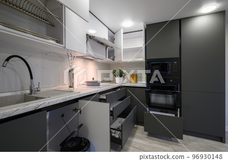 Modern simple trendy dark grey and white kitchen Modern simple trendy dark grey and white kitchen 96930148