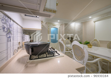 Worktop closeup of white rich classic white kitchen 96930164