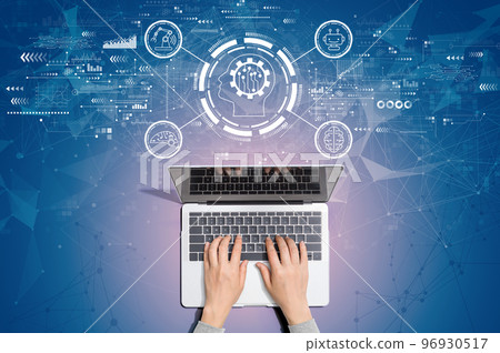 Future technology concept with person using laptop Future technology concept with person using laptop 96930517