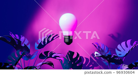 Lightbulb and tropical monstera leaves with neon light - 3D Lightbulb and tropical monstera leaves with neon light - 3D 96930604