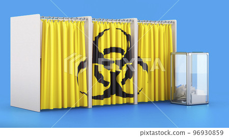 Voting booths with bio hazard sign and ballot box. 3D rendering 96930859