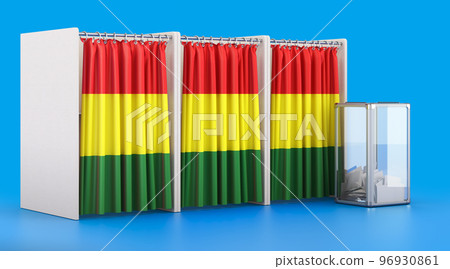 Voting booths with Bolivian flag and ballot box. Election in Bolivia, concept. 3D rendering 96930861