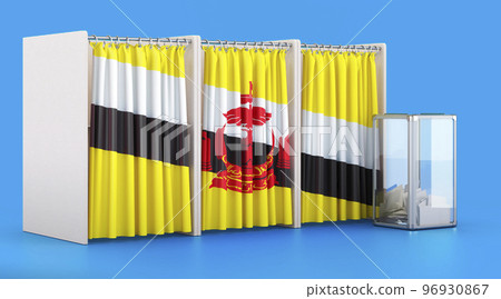 Voting booths with Bruneian flag and ballot box. Election in Brunei, concept. 3D rendering 96930867