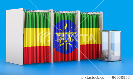 Voting booths with Ethiopian flag and ballot box. Election in Ethiopia, concept. 3D rendering 96930903