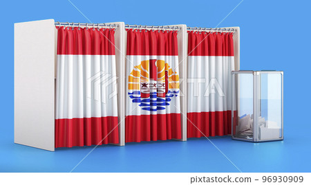 Voting booths with French Polynesian flag and ballot box. Election in French Polynesia, concept. 3D rendering 96930909
