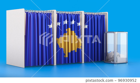 Voting booths with Kosovo flag and ballot box. Election in Kosovo, concept. 3D rendering 96930952