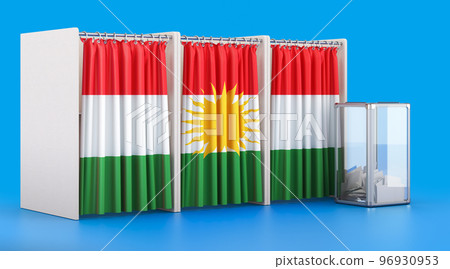 Voting booths with Kurdistan flag and ballot box. Election in Kurdistan, concept. 3D rendering Voting booths with Kurdistan flag and ballot box. Election in Kurdistan, concept. 3D rendering 96930953