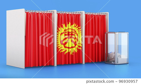 Voting booths with Kyrgyz flag and ballot box. Election in Kyrgyzstan, concept. 3D rendering Voting booths with Kyrgyz flag and ballot box. Election in Kyrgyzstan, concept. 3D rendering 96930957