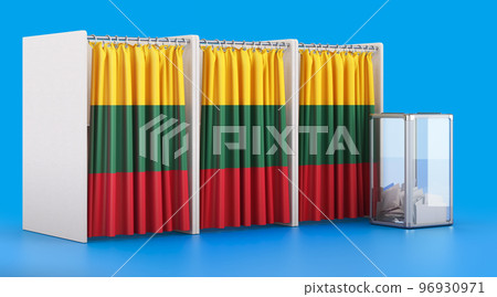 Voting booths with Lithuanian flag and ballot box. Election in Lithuania, concept. 3D rendering 96930971