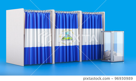 Voting booths with Nicaraguan flag and ballot box. Election in Nicaragua, concept. 3D rendering Voting booths with Nicaraguan flag and ballot box. Election in Nicaragua, concept. 3D rendering 96930989