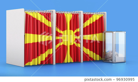 Voting booths with North Macedonian flag and ballot box. Election in North Macedonia, concept. 3D rendering 96930995