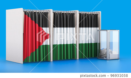 Voting booths with Palestinian flag and ballot box. Election in Palestine, concept. 3D rendering Voting booths with Palestinian flag and ballot box. Election in Palestine, concept. 3D rendering 96931038