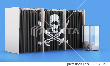 Voting booths with pirate flag and ballot box. 3D rendering Voting booths with pirate flag and ballot box. 3D rendering 96931042