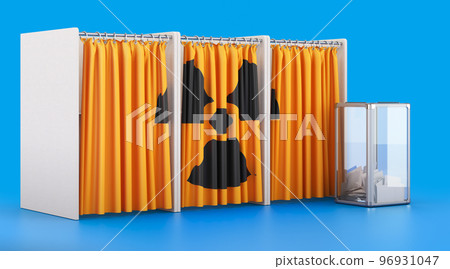 Voting booths with radiation sign and ballot box. 3D rendering Voting booths with radiation sign and ballot box. 3D rendering 96931047