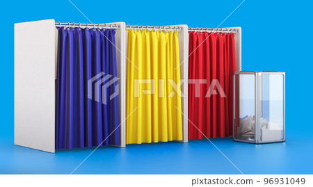 Voting booths with Romanian flag and ballot box. Election in Romania, concept. 3D rendering Voting booths with Romanian flag and ballot box. Election in Romania, concept. 3D rendering 96931049