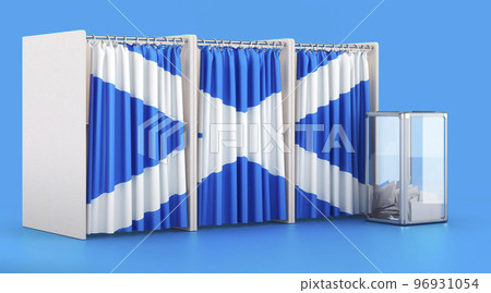 Voting booths with Scottish flag and ballot box. Election in Scotland, concept. 3D rendering Voting booths with Scottish flag and ballot box. Election in Scotland, concept. 3D rendering 96931054