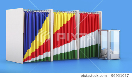 Voting booths with Seychelloise flag and ballot box. Election in Seychelles, concept. 3D rendering Voting booths with Seychelloise flag and ballot box. Election in Seychelles, concept. 3D rendering 96931057
