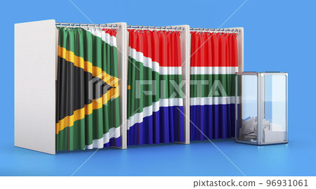 Voting booths with South African flag and ballot box. Election in South Africa, concept. 3D rendering Voting booths with South African flag and ballot box. Election in South Africa, concept. 3D rendering 96931061