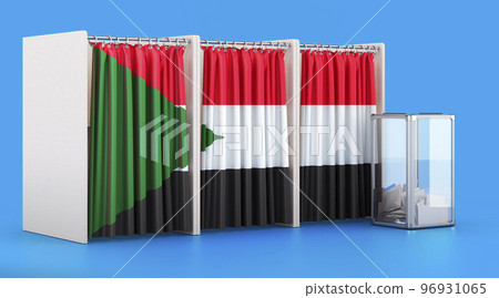 Voting booths with Sudanese flag and ballot box. Election in Sudan, concept. 3D rendering Voting booths with Sudanese flag and ballot box. Election in Sudan, concept. 3D rendering 96931065
