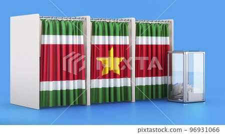 Voting booths with Surinamese flag and ballot box. Election in Suriname, concept. 3D rendering Voting booths with Surinamese flag and ballot box. Election in Suriname, concept. 3D rendering 96931066
