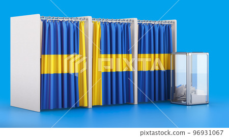 Voting booths with Swedish flag and ballot box. Election in Sweden, concept. 3D rendering 96931067