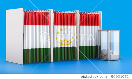 Voting booths with Tajik flag and ballot box. Election in Tajikistan, concept. 3D rendering Voting booths with Tajik flag and ballot box. Election in Tajikistan, concept. 3D rendering 96931071