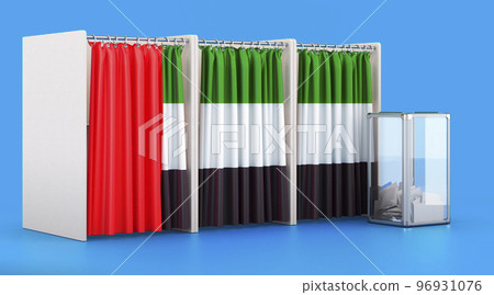Voting booths with the United Arab Emirates flag and ballot box. Election in the UAE, concept. 3D rendering Voting booths with the United Arab Emirates flag and ballot box. Election in the UAE, concept. 3D rendering 96931076