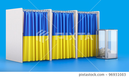 Voting booths with Ukrainian flag and ballot box. Election in Ukraine, concept. 3D rendering 96931083