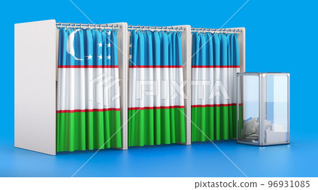 Voting booths with Uzbek flag and ballot box. Election in Uzbekistan, concept. 3D rendering Voting booths with Uzbek flag and ballot box. Election in Uzbekistan, concept. 3D rendering 96931085