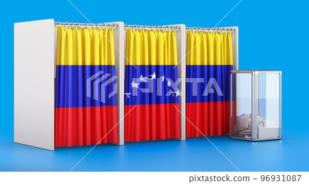 Voting booths with Venezuelan flag and ballot box. Election in Venezuela, concept. 3D rendering Voting booths with Venezuelan flag and ballot box. Election in Venezuela, concept. 3D rendering 96931087