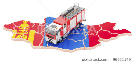 Fire department in Mongolia. Fire engine truck on the Mongolian map. 3D rendering 96931149