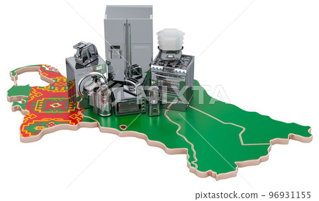 Kitchen and household appliance on the map of Turkmenistan. Production, shopping and delivery concept. 3D rendering 96931155