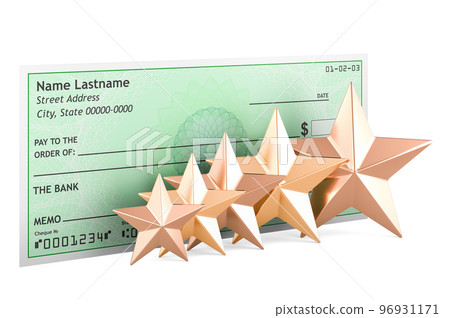 Bank check with five golden stars. 3D rendering Bank check with five golden stars. 3D rendering 96931171