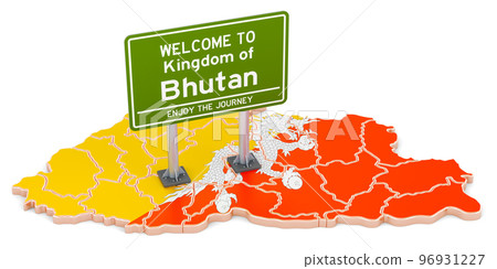 Billboard Welcome to Bhutan on Bhutanese map, 3D rendering 96931227