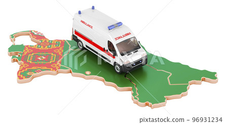 Emergency medical services in Turkmenistan. Ambulance van on the Turkmen map. 3D rendering Emergency medical services in Turkmenistan. Ambulance van on the Turkmen map. 3D rendering 96931234