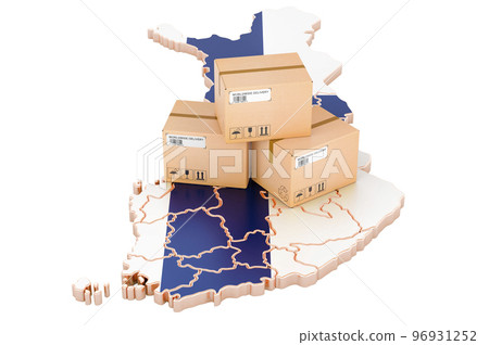 Parcels on the Finnish map. Shipping in Finland, concept. 3D rendering Parcels on the Finnish map. Shipping in Finland, concept. 3D rendering 96931252