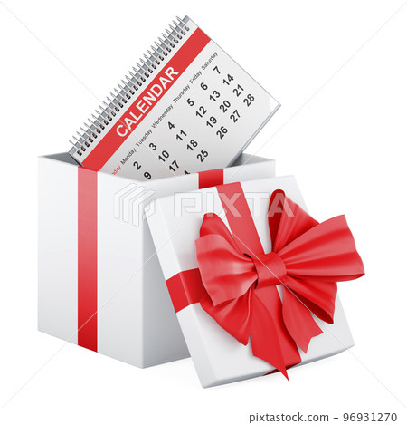 Desk calendar inside gift box, gift concept. 3D rendering Desk calendar inside gift box, gift concept. 3D rendering 96931270