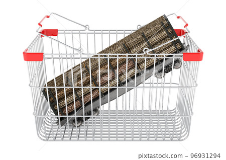 Shopping basket with goods wagon full of wooden logs, 3D rendering Shopping basket with goods wagon full of wooden logs, 3D rendering 96931294