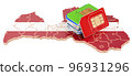 Sim cards on the Latvian map. Mobile communications, roaming in Latvia, concept. 3D rendering 96931296