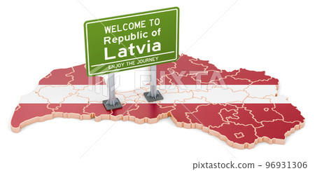 Billboard Welcome to Latvia on Latvian map, 3D rendering Billboard Welcome to Latvia on Latvian map, 3D rendering 96931306