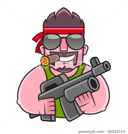 Man in military clothes on a background of green leaves with a weapon. Young man in an army soldier s suit. Vector Man in military clothes on a background of green leaves with a weapon. Young man in an army soldier s suit. Vector 96932314