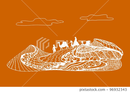 Desert journey, camels and cameleers walking on sand dune landsc Desert journey, camels and cameleers walking on sand dune landsc 96932343