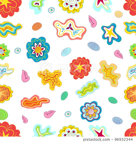 Seamless pattern made of stylized flowers, stars, and clouds. Hand drawn doodle design Seamless pattern made of stylized flowers, stars, and clouds. Hand drawn doodle design 96932344