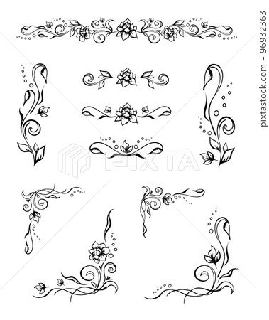 Set of various elegant floral text dividers and frame corners with roses, buds, and flourishes. Hand-drawn ornate design elements 96932363