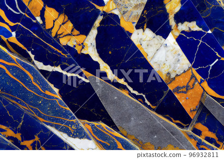 Ultramarine blue and gold Lapis Lazuli marble abstract background. Decorative acrylic paint pouring rock marble texture. Horizontal Ultramarine blue and gold geometric abstract pattern. Ultramarine blue and gold Lapis Lazuli marble abstract background. Decorative acrylic paint pouring rock marble texture. Horizontal Ultramarine blue and gold geometric abstract pattern. 96932811