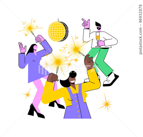 New Year party isolated cartoon vector illustrations. Happy people with sparklers and champagne glasses celebrating together, friends having fun during New Year party vector cartoon. 96932878