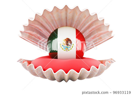 Travel in Mexico, concept. Pearl with Mexican flag inside seashell, 3d rendering 96933119