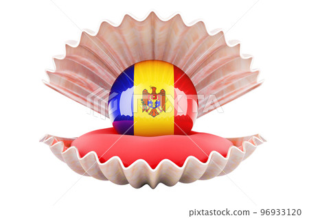 Travel in Moldova, concept. Pearl with Moldovan flag inside seashell, 3d rendering 96933120