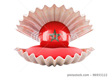 Travel in Morocco, concept. Pearl with Moroccan flag inside seashell, 3d rendering 96933122