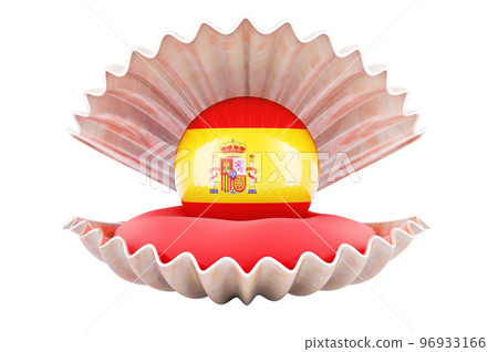 Travel in Spain, concept. Pearl with Spanish flag inside seashell, 3d rendering Travel in Spain, concept. Pearl with Spanish flag inside seashell, 3d rendering 96933166